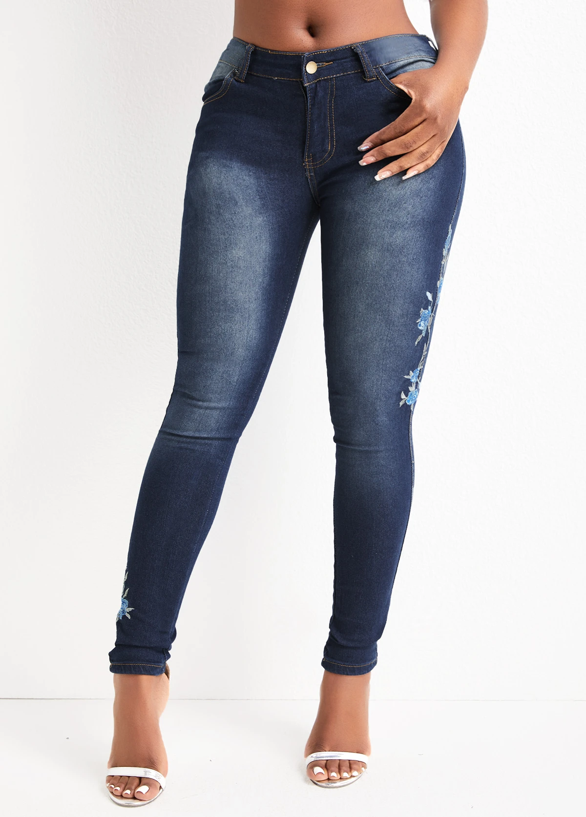 Denim Blue Embroidery Floral Print Skinny Zipper Fly Jeans 3 Denim Blue Embroidery Floral Print Skinny Zipper Fly Jeans