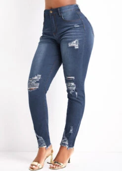 Denim Blue Pocket Skinny Zipper Fly High Waisted Jeans -Modlily Shop 330257 P 16969051636370