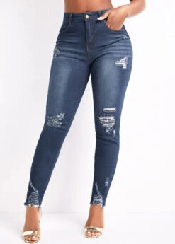 Denim Blue Pocket Skinny Zipper Fly High Waisted Jeans -Modlily Shop 330257 P 16969051637352