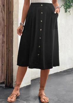 Black Button A Line Elastic Waist Skirt
