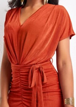 Red Ruched Belted Short Sleeve Bodycon Dress -Modlily Shop 330307 P 16812957430064