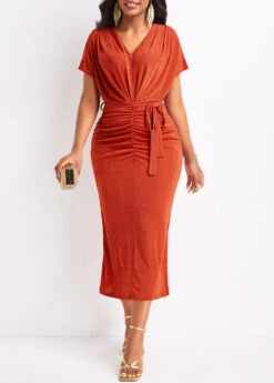 Red Ruched Belted Short Sleeve Bodycon Dress