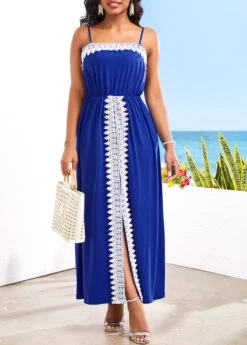 Blue Lace Front Slit Strappy Maxi Dress
