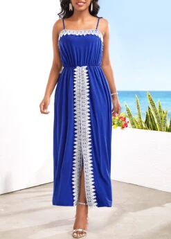 Blue Lace Front Slit Strappy Maxi Dress -Modlily Shop 330308 P 16812113499393