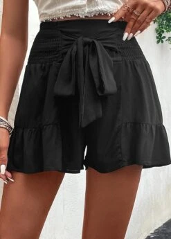 Black Bowknot Elastic Waist High Waisted Shorts