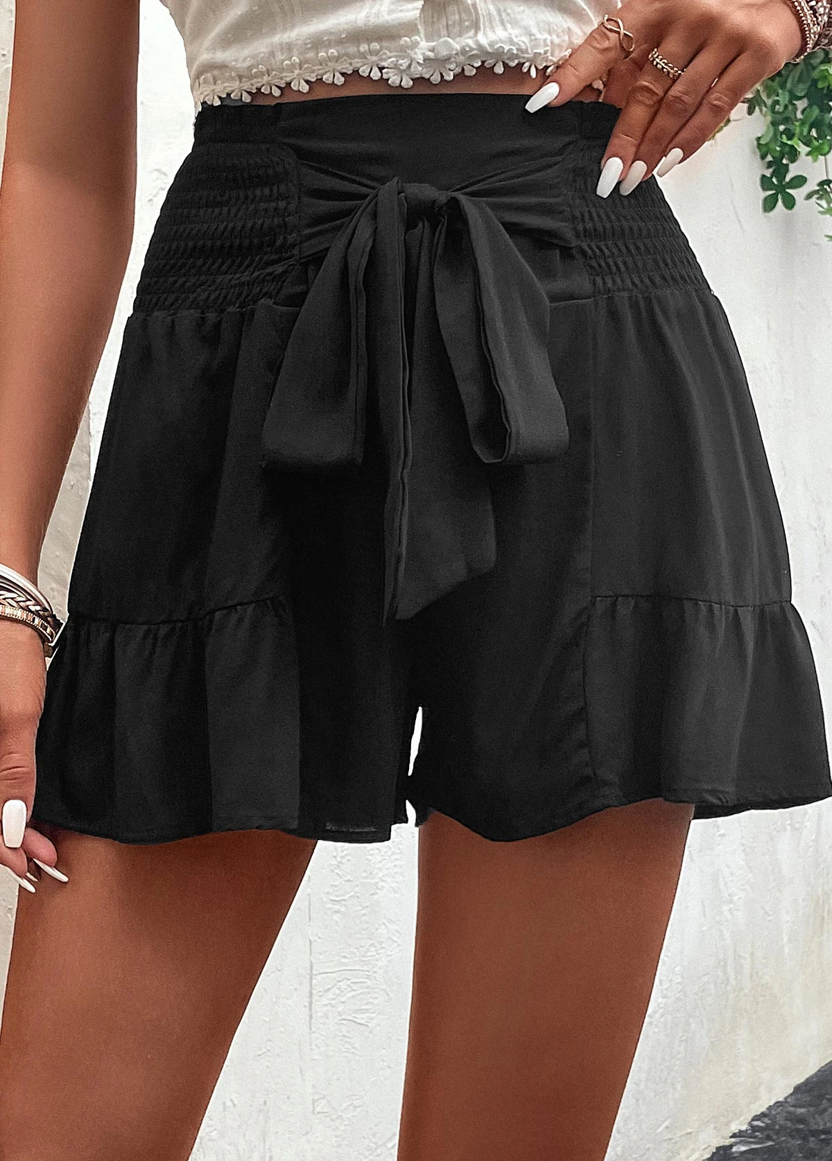 Black Bowknot Elastic Waist High Waisted Shorts 3 Black Bowknot Elastic Waist High Waisted Shorts