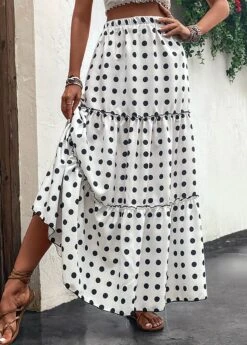 White Ruched Polka Dot A Line Skirt -Modlily Shop 330316 P 16818065646864