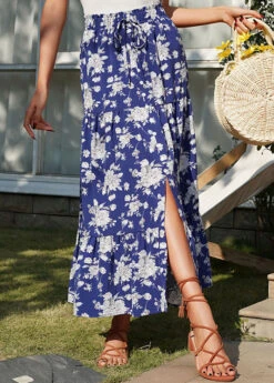 Dark Blue Split Floral Print A Line Skirt