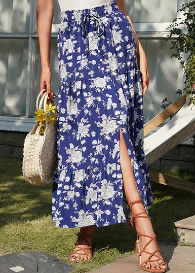 Dark Blue Split Floral Print A Line Skirt 6 Dark Blue Split Floral Print A Line Skirt - Image 4