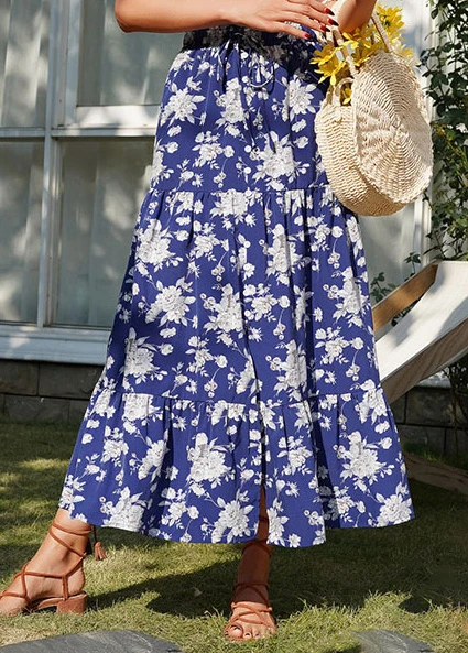 Dark Blue Split Floral Print A Line Skirt 5 Dark Blue Split Floral Print A Line Skirt - Image 3