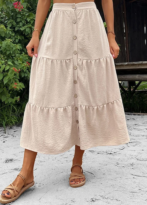 Beige Button A Line Elastic Waist Skirt 6 Beige Button A Line Elastic Waist Skirt - Image 4