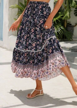 Multi Color Patchwork Floral Print A Line Skirt -Modlily Shop 330333 P 1679907784240