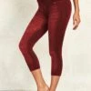 Wine Red High Waisted Capri Elastic Waist Leggings -Modlily Shop 330335 P 16801375473410
