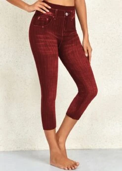 Wine Red High Waisted Capri Elastic Waist Leggings -Modlily Shop 330335 P 16801375522822