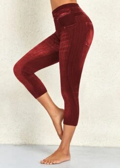 Wine Red High Waisted Capri Elastic Waist Leggings -Modlily Shop 330335 P 16801375531263