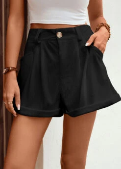 Black Pocket Button Fly High Waisted Shorts