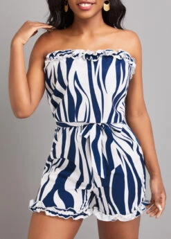 Navy Frill Striped Short Belted Sleeveless Bandeau Romper -Modlily Shop 330708 P 16813832602883