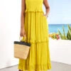 Tie Back Yellow Ruched Sleeveless Maxi Dress