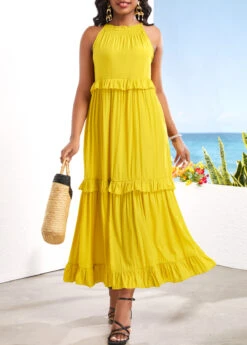 Tie Back Yellow Ruched Sleeveless Maxi Dress -Modlily Shop 330780 P 16813832849883