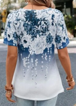 Blue Floral Print Short Sleeve T Shirt -Modlily Shop 330825 P 16833633282341