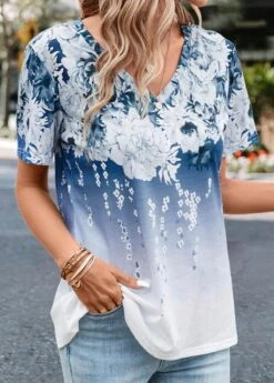 Blue Floral Print Short Sleeve T Shirt -Modlily Shop 330825 P 16833633292422