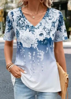 Blue Floral Print Short Sleeve T Shirt -Modlily Shop 330825 P 16833633298355