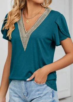 Blackish Green Patchwork Short Sleeve T Shirt -Modlily Shop 330974 P 1680573324241