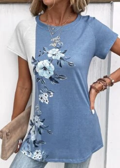 Dusty Blue Patchwork Floral Print T Shirt -Modlily Shop 331046 P 16847188928080