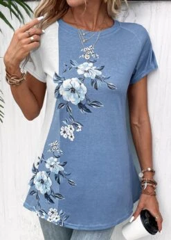 Dusty Blue Patchwork Floral Print T Shirt -Modlily Shop 331046 P 16847188931154