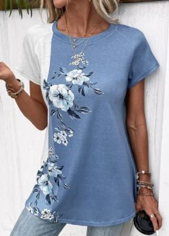 Dusty Blue Patchwork Floral Print T Shirt -Modlily Shop 331046 P 16847188935952