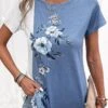 Dusty Blue Patchwork Floral Print T Shirt -Modlily Shop 331046 P 16847188938143