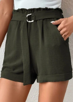 Green Pocket Belted Regular Elastic Waist Shorts -Modlily Shop 331051 P 16835395072215
