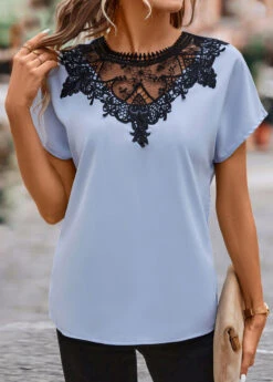 Dusty Blue Patchwork Short Sleeve T Shirt