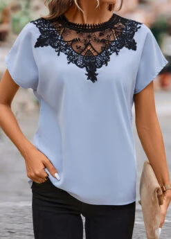 Dusty Blue Patchwork Short Sleeve T Shirt -Modlily Shop 331057 P 16843957863055