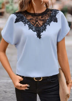 Dusty Blue Patchwork Short Sleeve T Shirt -Modlily Shop 331057 P 16843957866604