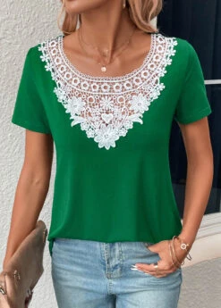 Green Patchwork Short Sleeve Boat Neck T Shirt 13 Green Patchwork Short Sleeve Boat Neck T Shirt -Modlily Shop 331059 P 16831928092795