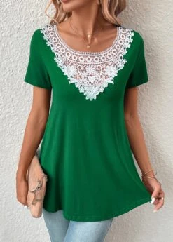 Green Patchwork Short Sleeve Boat Neck T Shirt 12 Green Patchwork Short Sleeve Boat Neck T Shirt -Modlily Shop 331059 P 16831928094254