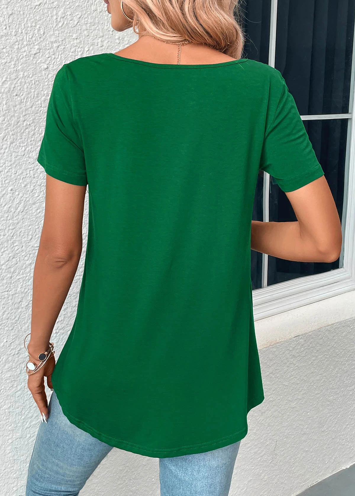 Green Patchwork Short Sleeve Boat Neck T Shirt 4 Green Patchwork Short Sleeve Boat Neck T Shirt - Image 2