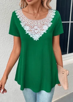 Green Patchwork Short Sleeve Boat Neck T Shirt 11 Green Patchwork Short Sleeve Boat Neck T Shirt -Modlily Shop 331059 P 16831928098793