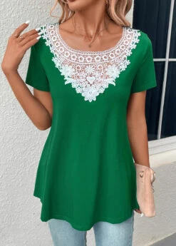 Green Patchwork Short Sleeve Boat Neck T Shirt 10 Green Patchwork Short Sleeve Boat Neck T Shirt -Modlily Shop 331059 P 16831928099752