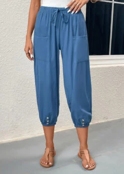 Blue Pocket Elastic Waist High Waisted Jogger Pants -Modlily Shop 331063 P 16831819831854