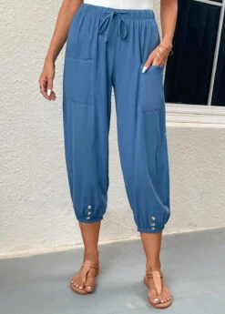 Blue Pocket Elastic Waist High Waisted Jogger Pants -Modlily Shop 331063 P 16831819834972