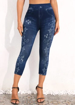 Denim Blue Floral Print High Waisted Leggings