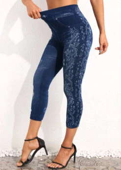 Denim Blue Floral Print High Waisted Leggings -Modlily Shop 331066 P 16818983008224