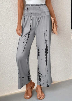 Grey Smocked Graffiti Print Elastic Waist Pants -Modlily Shop 331069 P 16831819650184