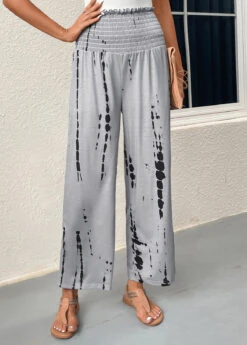 Grey Smocked Graffiti Print Elastic Waist Pants -Modlily Shop 331069 P 16831819657123