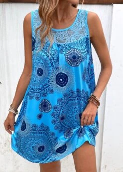 Sky Blue Patchwork Tribal Print Shift Dress -Modlily Shop 331081 P 16844110740602