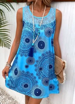 Sky Blue Patchwork Tribal Print Shift Dress