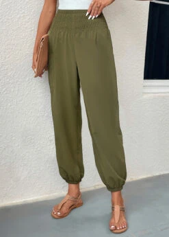 Blackish Green Smocked Regular Elastic Waist Pants -Modlily Shop 331093 P 16831820554904