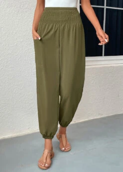 Blackish Green Smocked Regular Elastic Waist Pants -Modlily Shop 331093 P 16831820555612